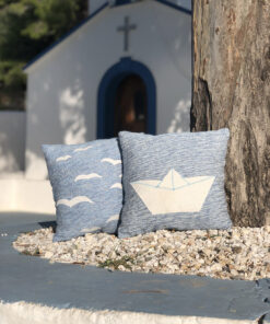 Handwoven cushions with seagulls and boat