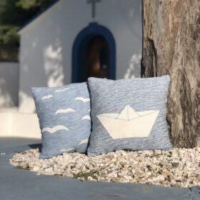 Handwoven cushions with seagulls and boat