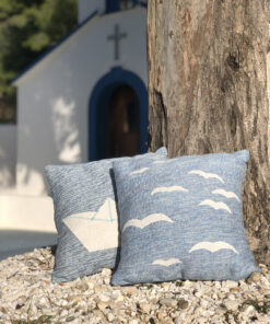 Handwoven cushions with seagulls and boat