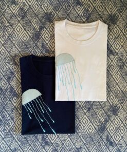 χειροποίητες μπλούζες μέδουσα ασπρη μπλε ERGANI weaving